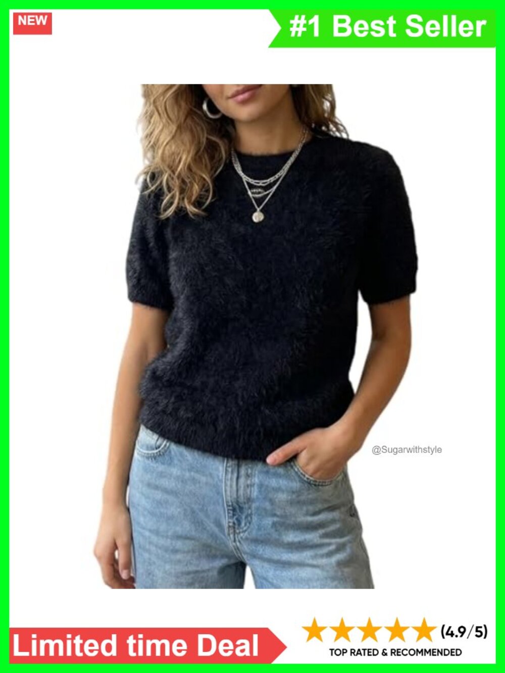 Fuzzy Cropped Sweater Short Sleeve Crewneck Fluffy Knit Pullover
